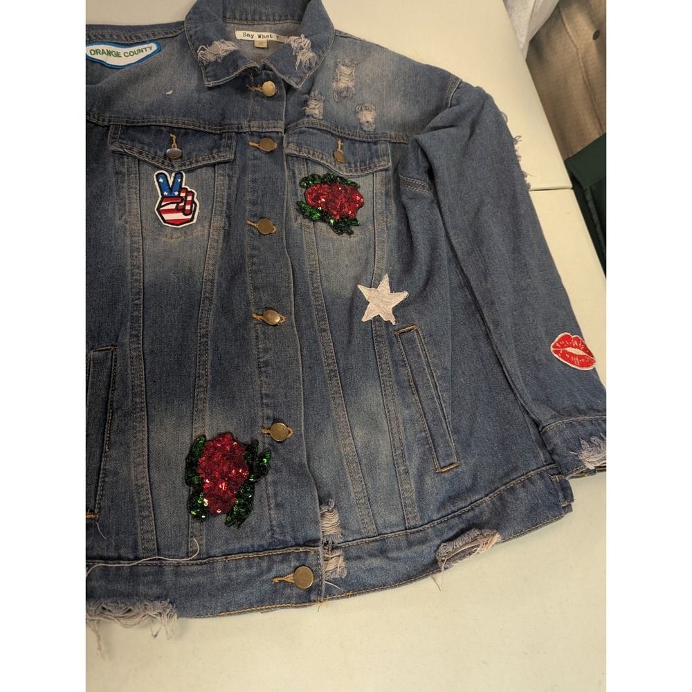 Say What? Oversized Denim Jacket XS Sequin Tiger Rose Patches Distressed Jean - Picture 9 of 16